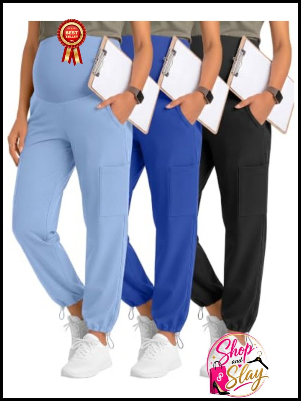 Maternity Jogger Scrub Pants 3 Pack Polyester Cotton Pockets Workwear
